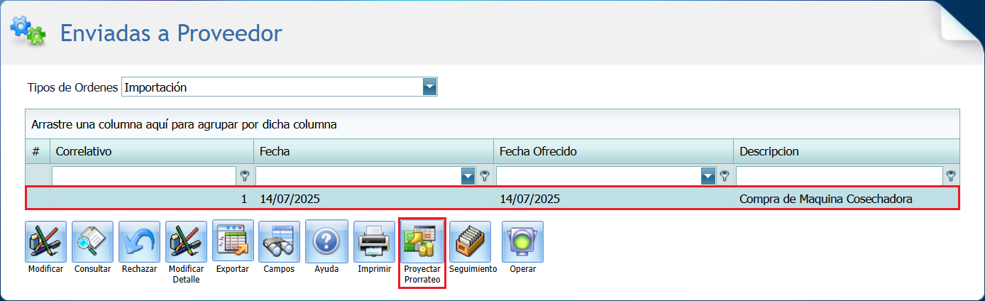 Compra Orden Enviadas a Proveedor Proyectar Prorrateo