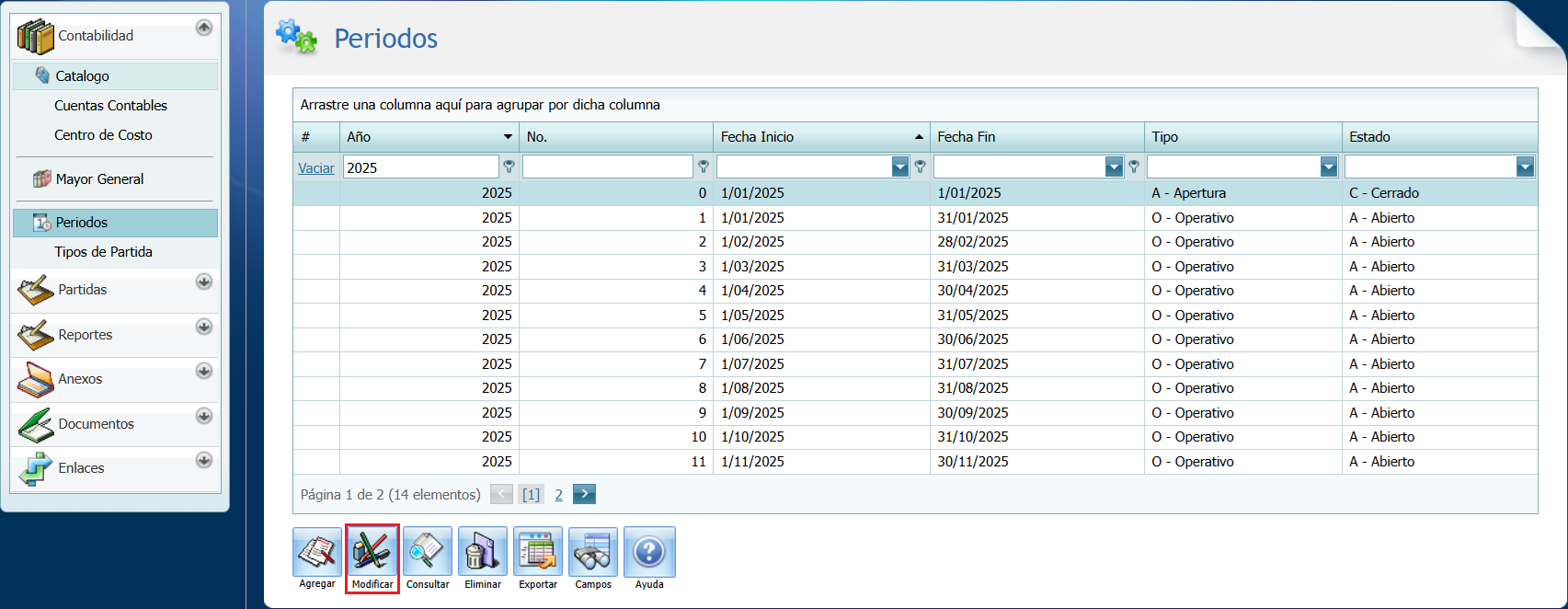 Contabilidad Periodo Contable Modificar