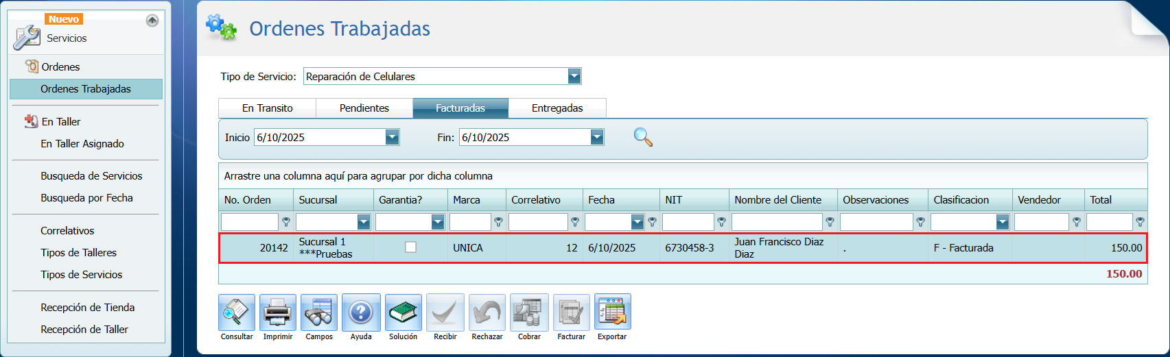 Servicio Ordenes Trabajadas Facturadas