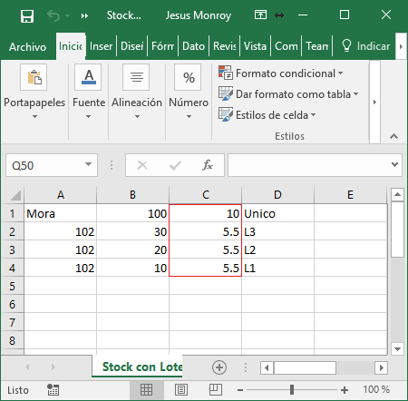Ingreso con Costo Existencia Masiva Stock con Lote