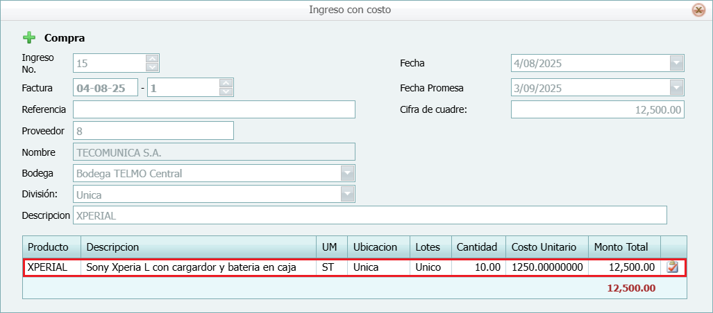 S F Inventario Movimientos Ingresos con Costo Operado
