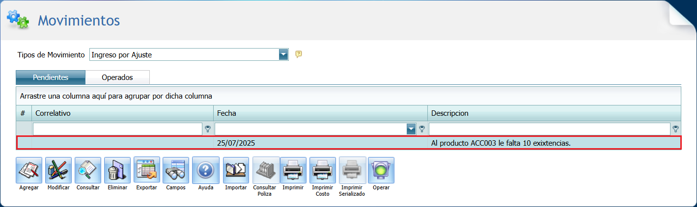 Movimientos Ingreso por Ajuste Operar