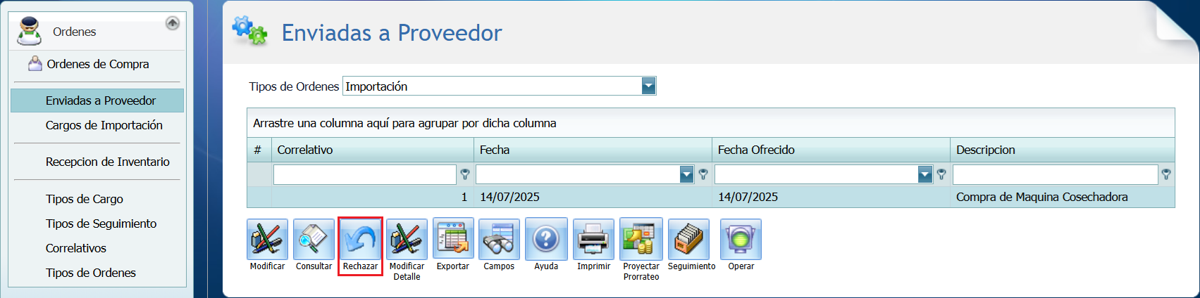 Compra Ordenes Enviadas a Proveedor Rechazar