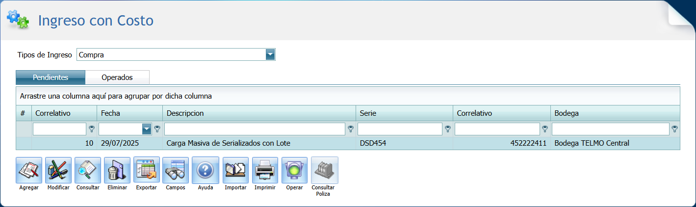 Ingreso con Costo Serializado con Lote Importar