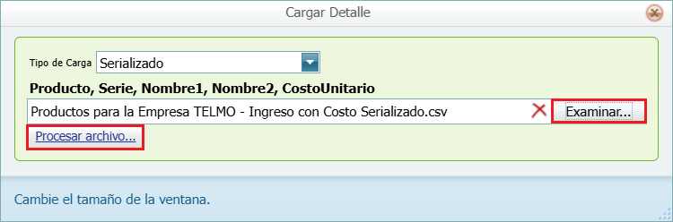 Ingreso con Costo Existencia Masiva Serializado CSV