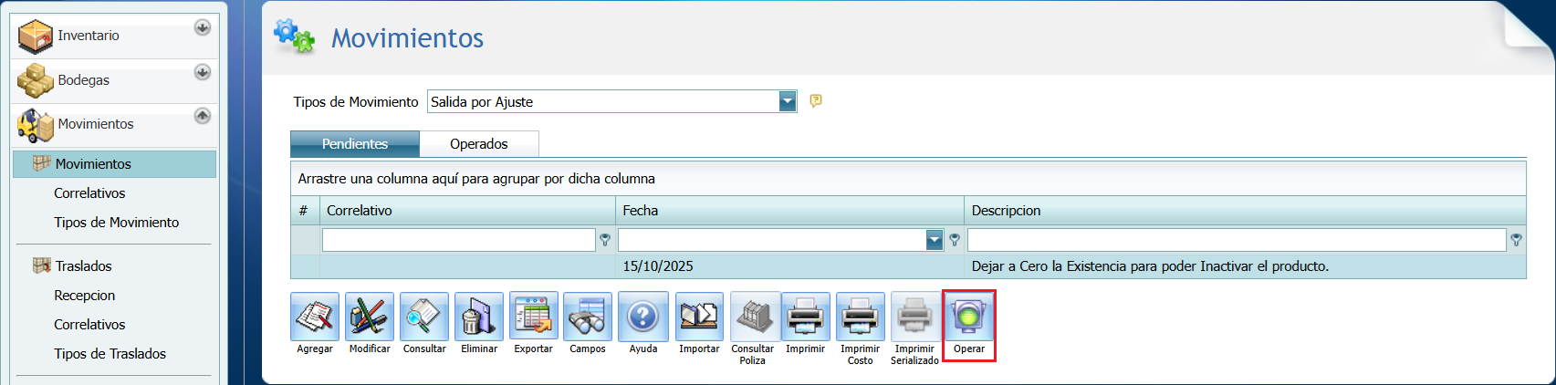 Movimientos Salida Producto Operar