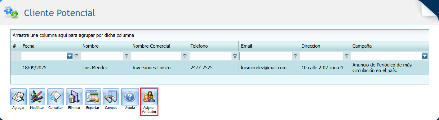 Cuentas por Cobrar Crm Cliente Potencial Asignar Vendedor