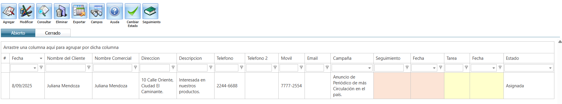 Cuentas por Cobrar Crm Cliente Potencial Asignado Ventana