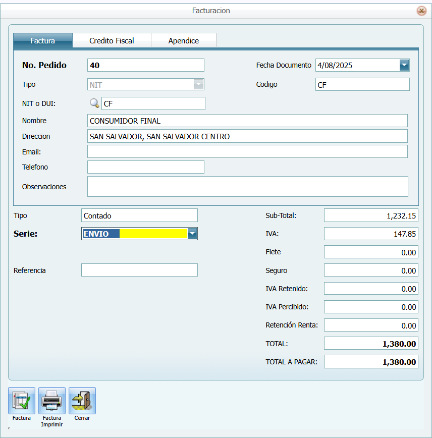 Facturacion Facturar CF Factura