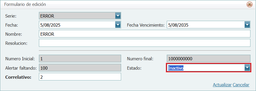 Facturacion Editar Factura Serie Correlativo Inactivo