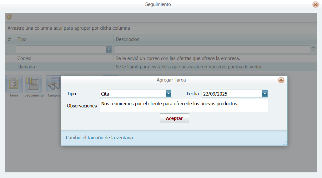 Cuentas por Cobrar Crm Cliente Seguimiento Ventana Cambiar Seguimiento