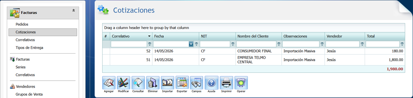 Facturacion Pedido Importar Cotizacion Creada