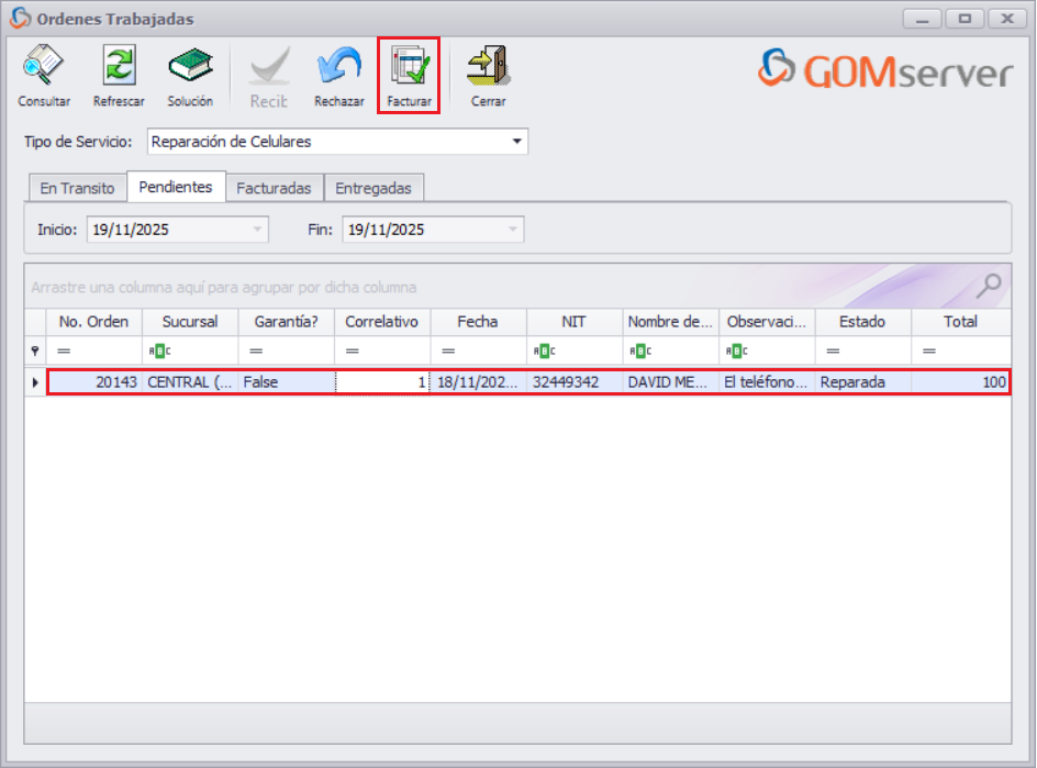 GOMserver Windows Servicio Ordenes Trabajadas Facturar
