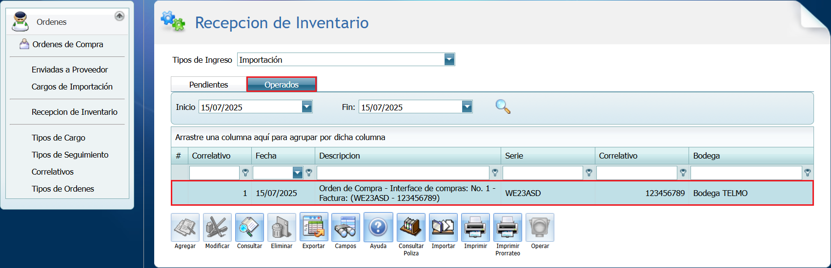 Compra Ordenes Recepcion de Inventario Operados