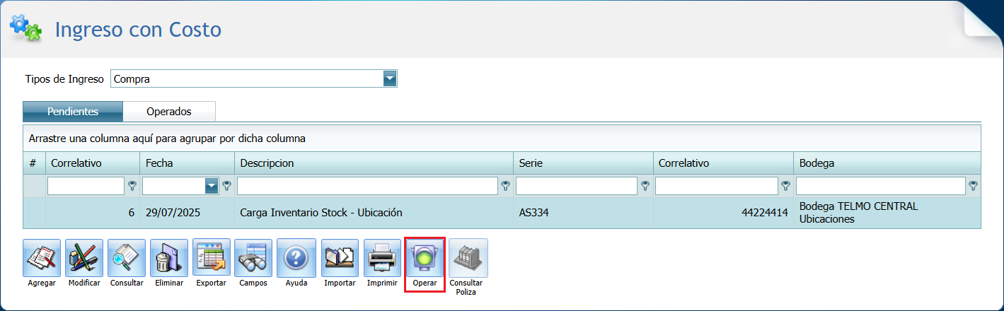 Ingreso con Costo Masivo Stock con Ubicacion Operar