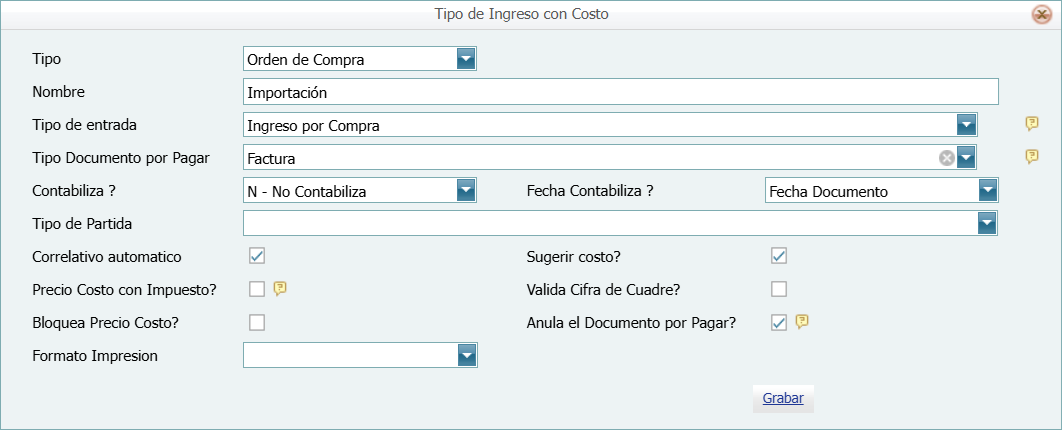 Tipos de Ingreso Importacion