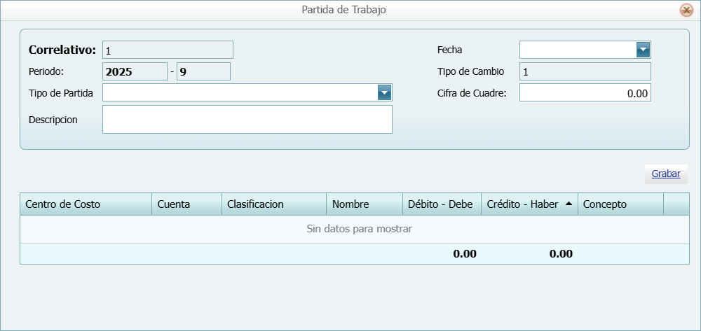 Partidas Partidas de Trabajo Agregar