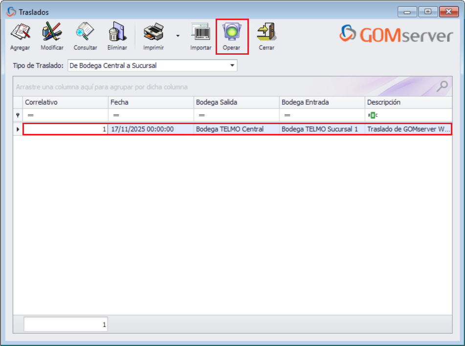 GOMserver Windows Traslado &nbsp;Operar