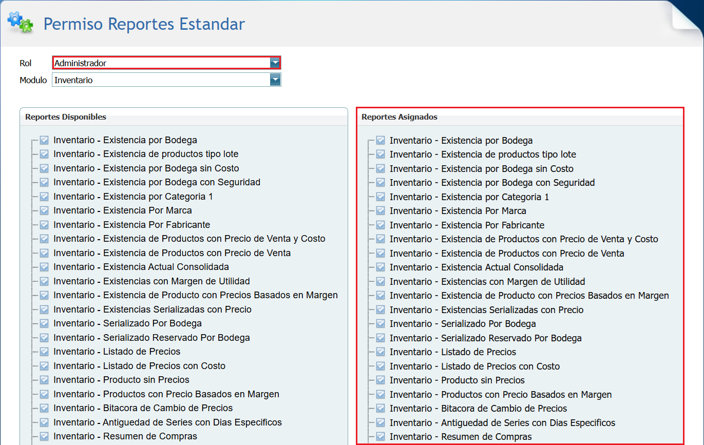 Seguridad Reportes Estandar Asignados