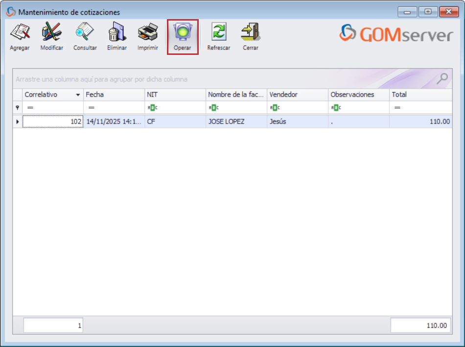 GOMserver Windows Cotizaciones Operar