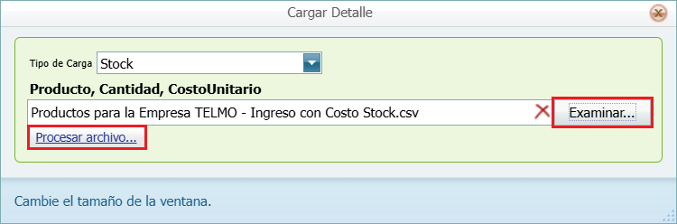 Ingreso con Costo Existencia Masiva Stock CSV