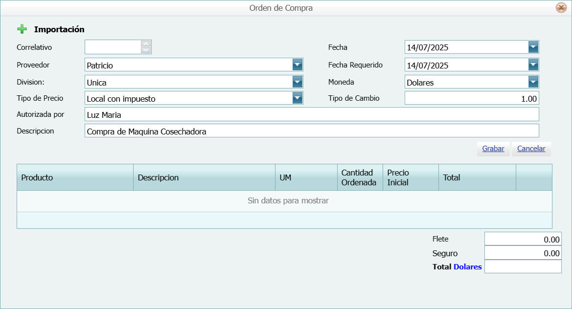 Compra Ordenes Encabezado Lleno