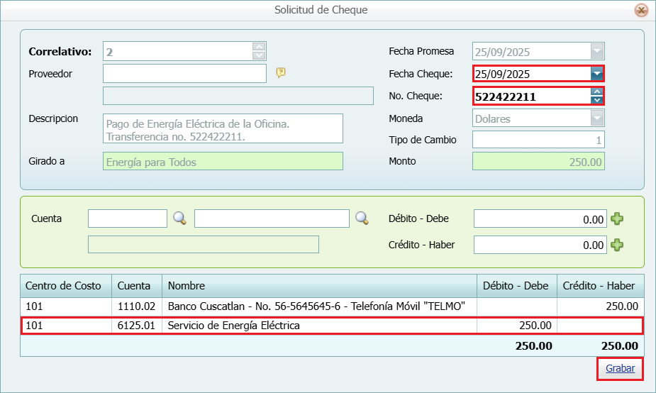 Bancos Solicitud Cheque Lleno Operar Ventana