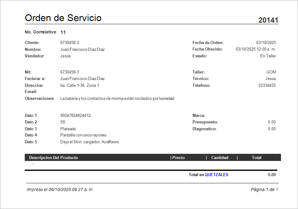 Help Desk Servicio En Taller Imprimir