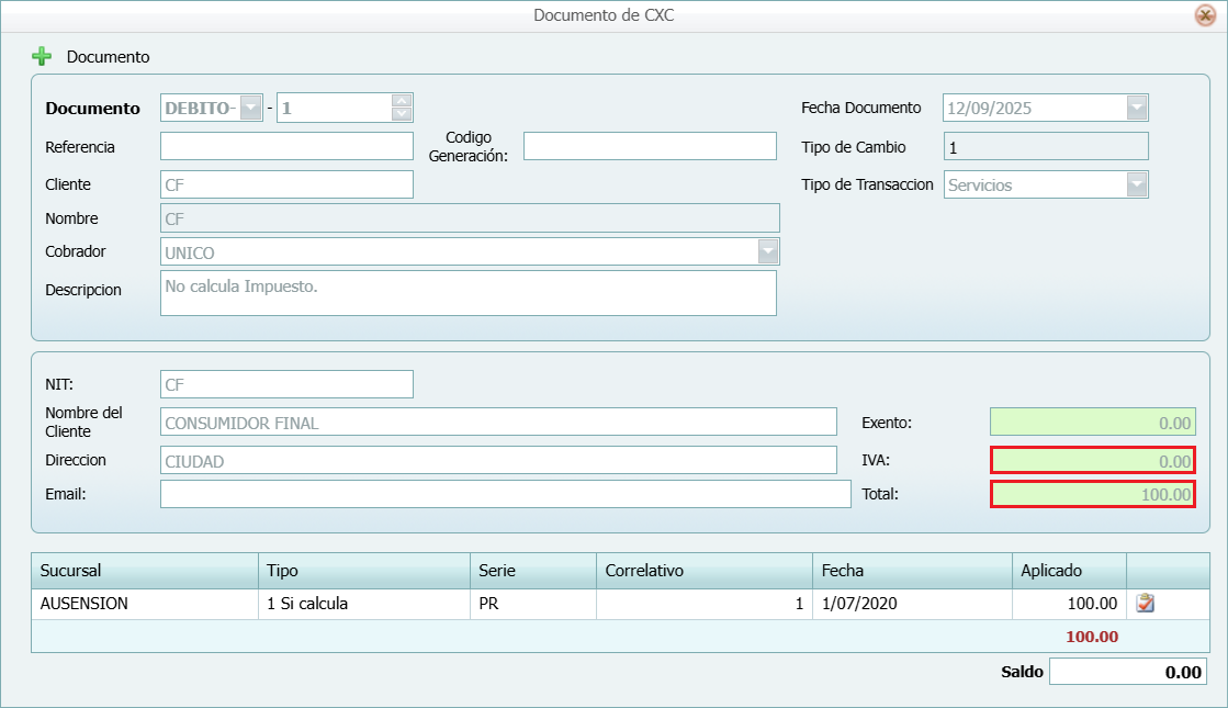 Cuantas Por Cobrar Tipo de Movimento No Calcula Debito