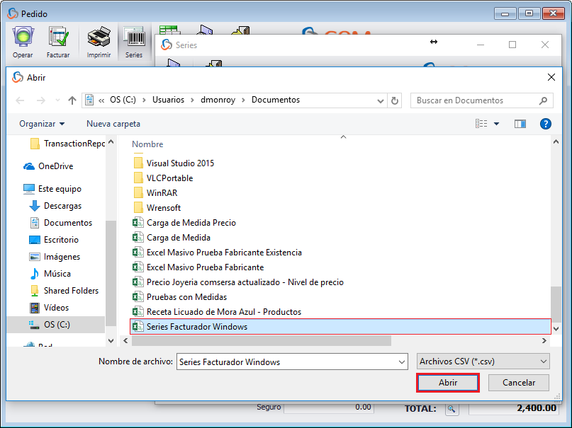 GOM server Pedido Producto Serializado Series Archivo