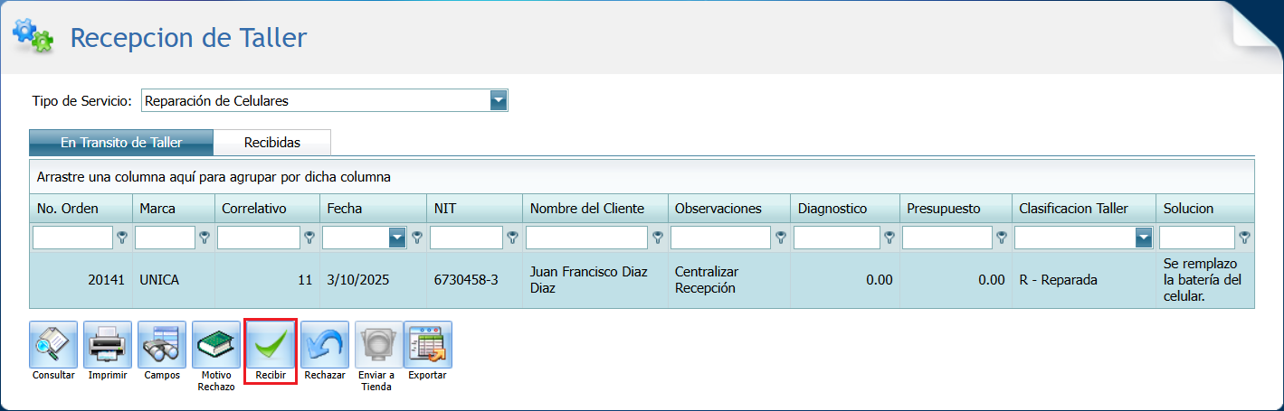 Servicio Recepcion Taller En Transito