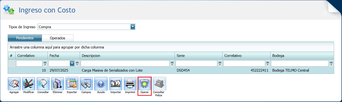 Ingreso con Costo Serializado con Serializado Operar