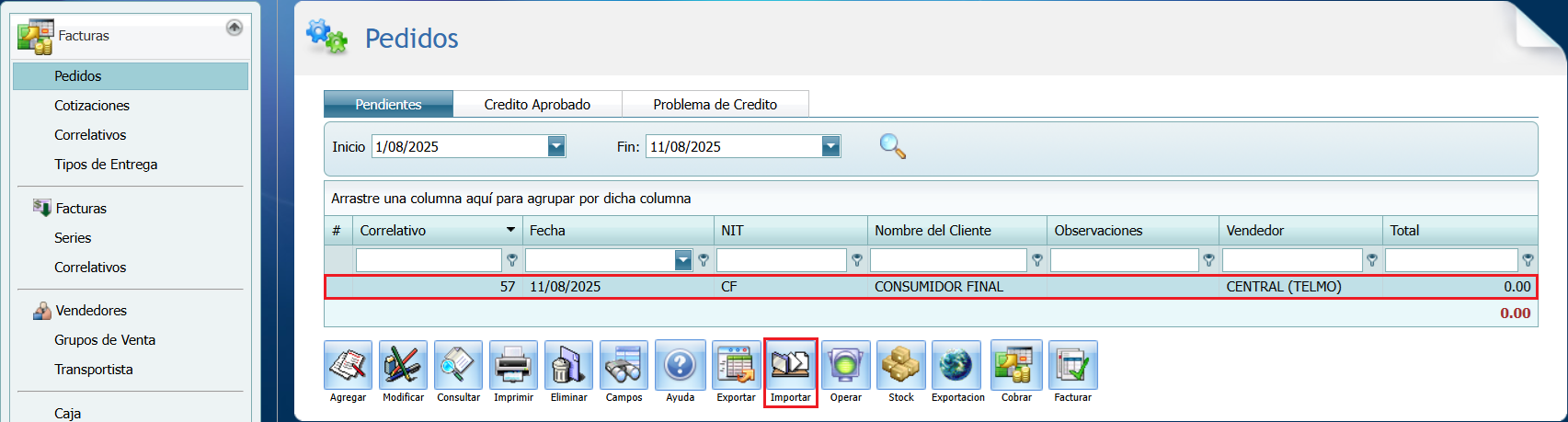 Facturacion Pedido Importar Selección