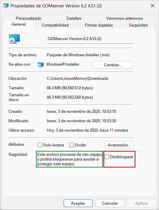 Instalacion GOMserver Windows Propiedades