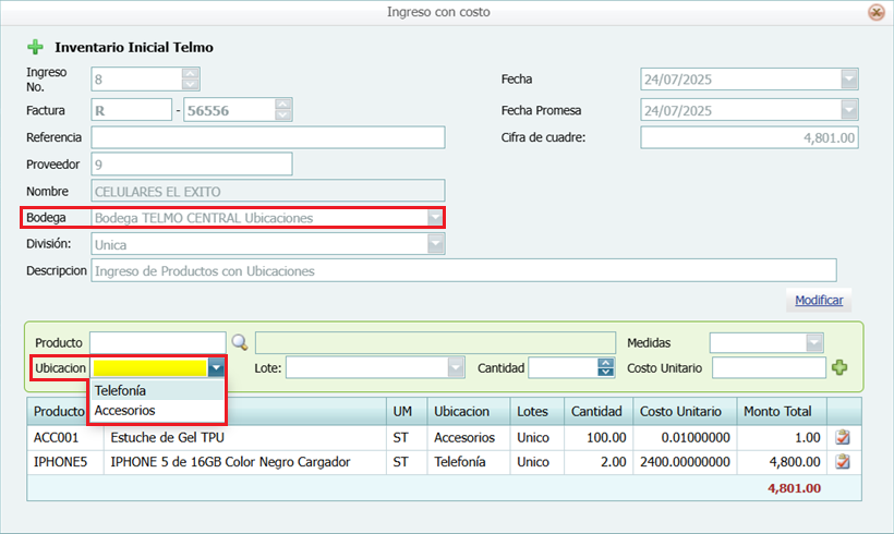 Ingreso con Costo a bodega con Ubicacion