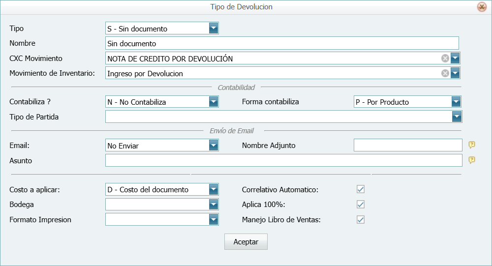 Facturacion Devolucion Tipo Sin documento