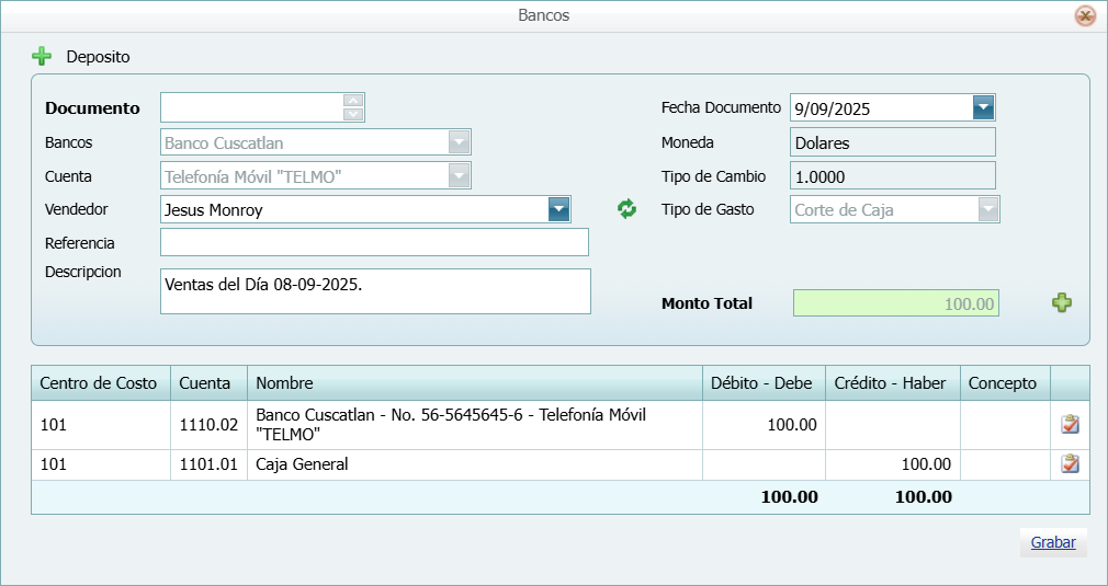 Contabilidad Enlaces Estructura Banco Tipo Movimiento Ventana Deposito Lleno