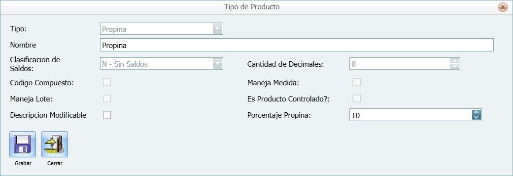 Tipo Producto Propina