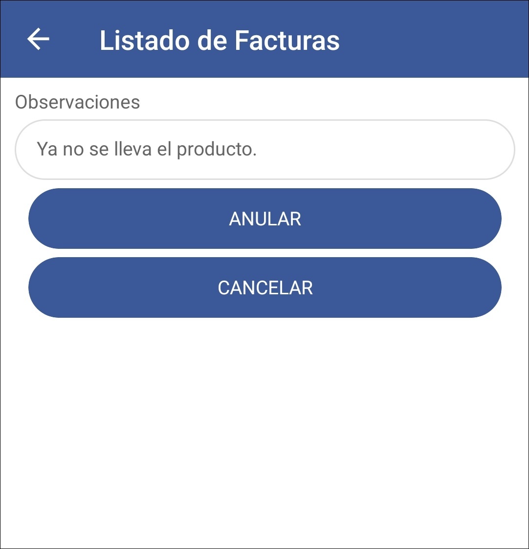 GOMserver App Facturas Listado Opciones Anular