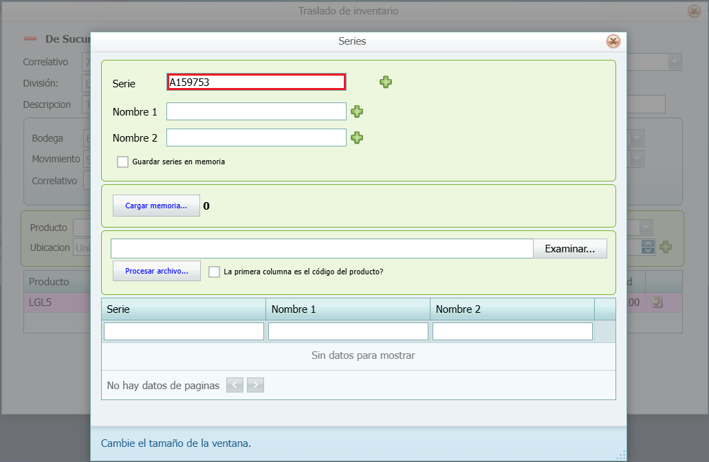 Inventario Traslado con Producto Serializado Serie