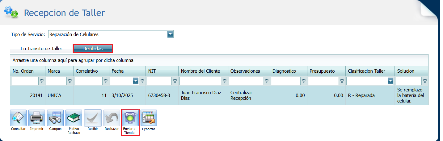 Servicio Recepcion Taller Recibidas