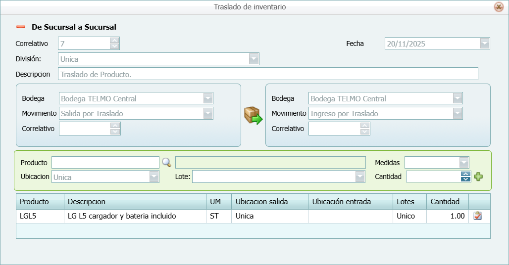 Inventario Traslado con Producto Serializado Serie Completo
