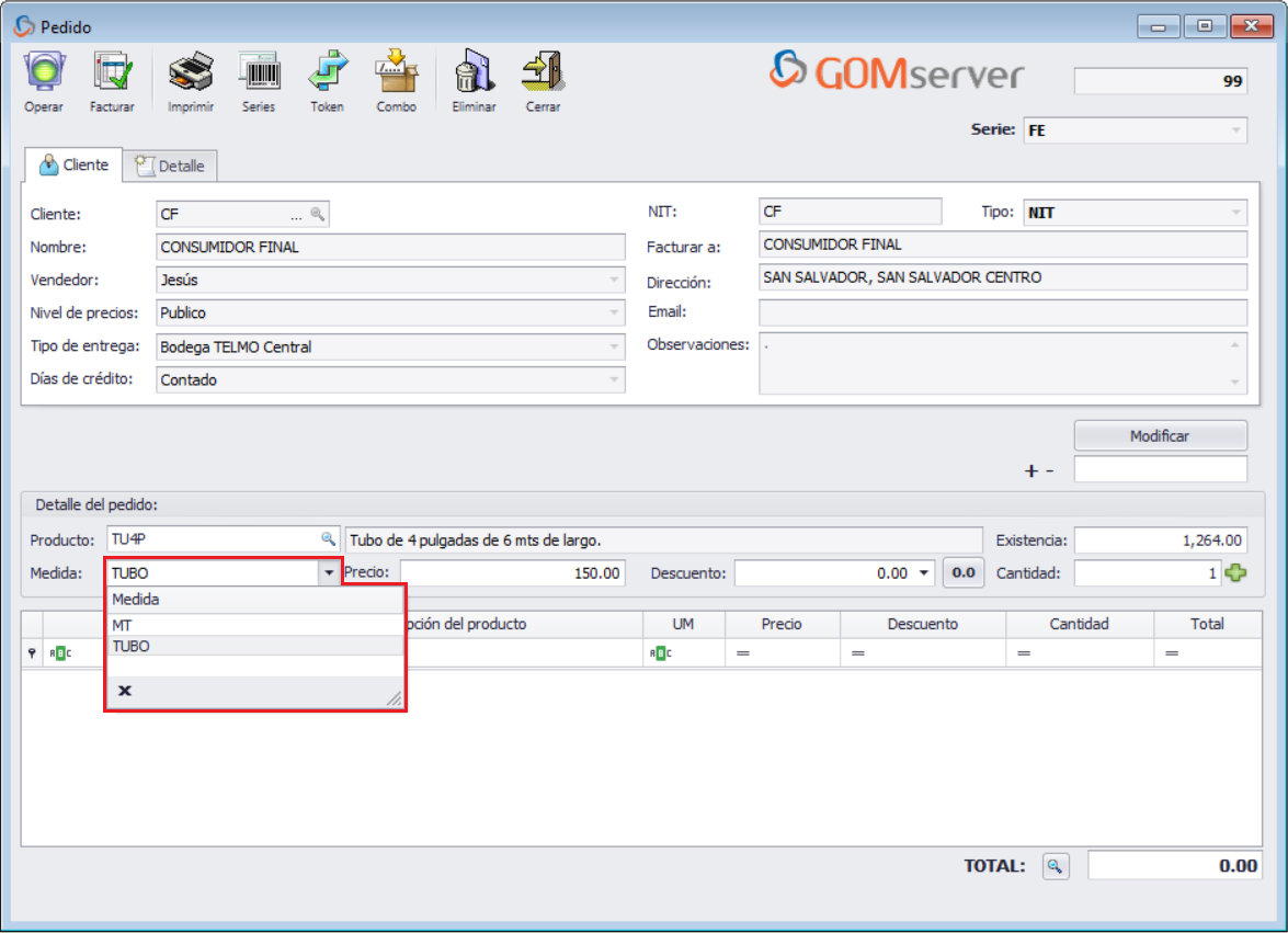 GOMserver Windows Pedido Medida