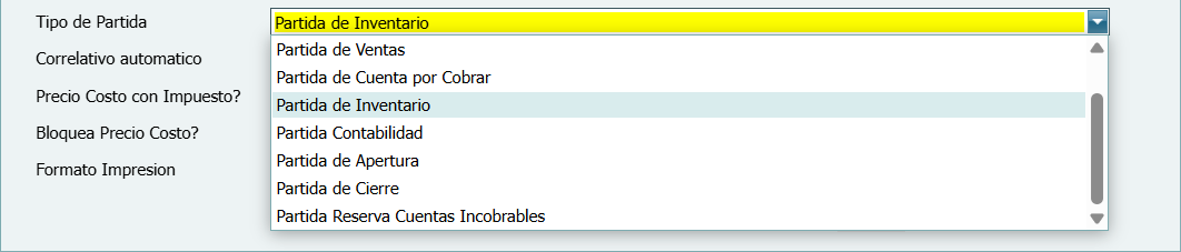 Contabilidad Enlaces Tipos de Ingreso Ventana Tipo de Partida