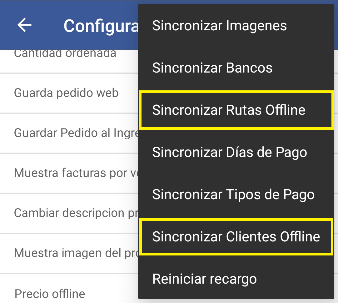 GOMserver App Configuracion Sincronizar Ruta y Cliente Offline