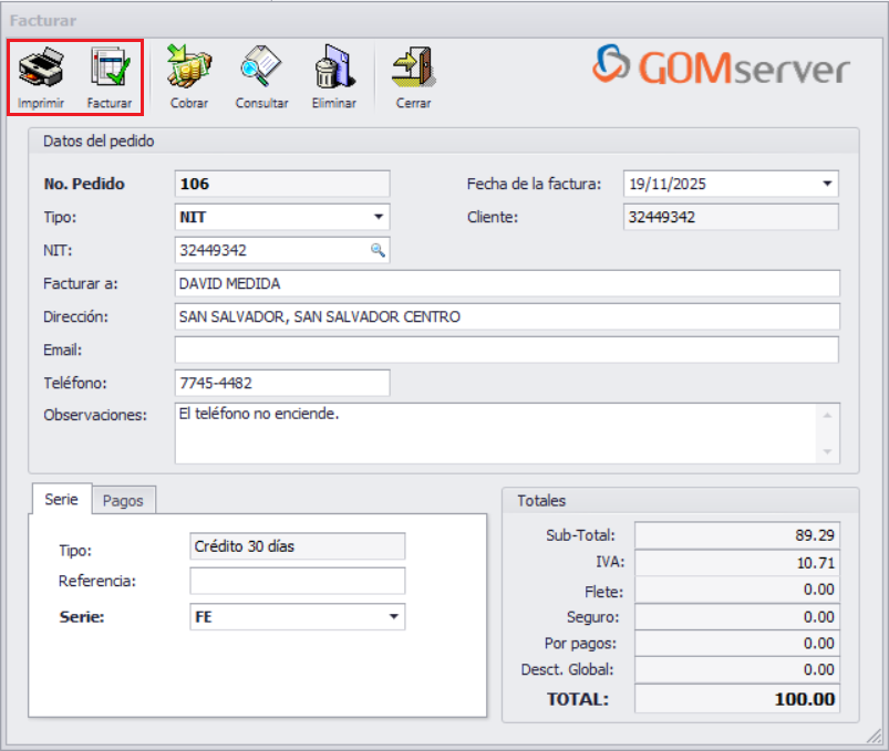GOMserver Windows Servicio Ordenes Trabajadas Cobrar &nbsp;Facturar