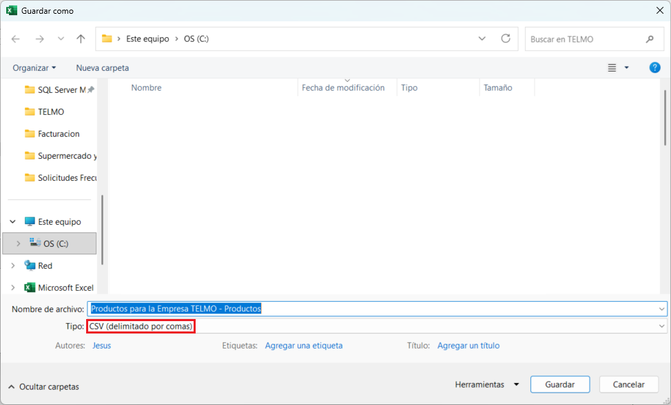 Convertir Archivo a xls o xlsx a CVS Delimitado por Comas Menu Guardar Como