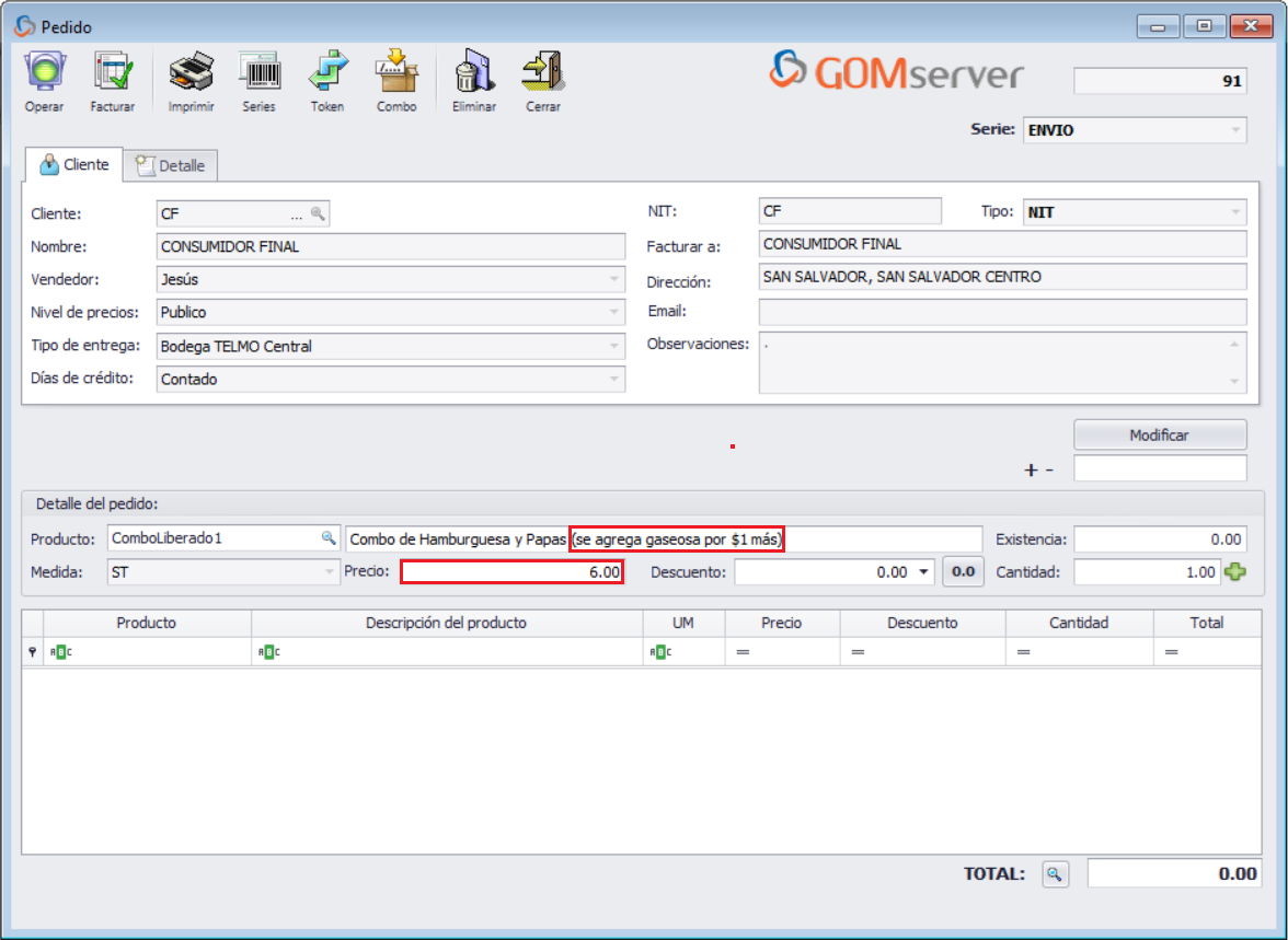 GOM server Pedido Agregar Combo Liberado