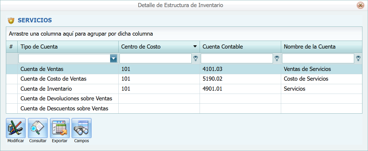 Contabilidad Enlaces Estructura de Inventarios Detalle Modificar 2