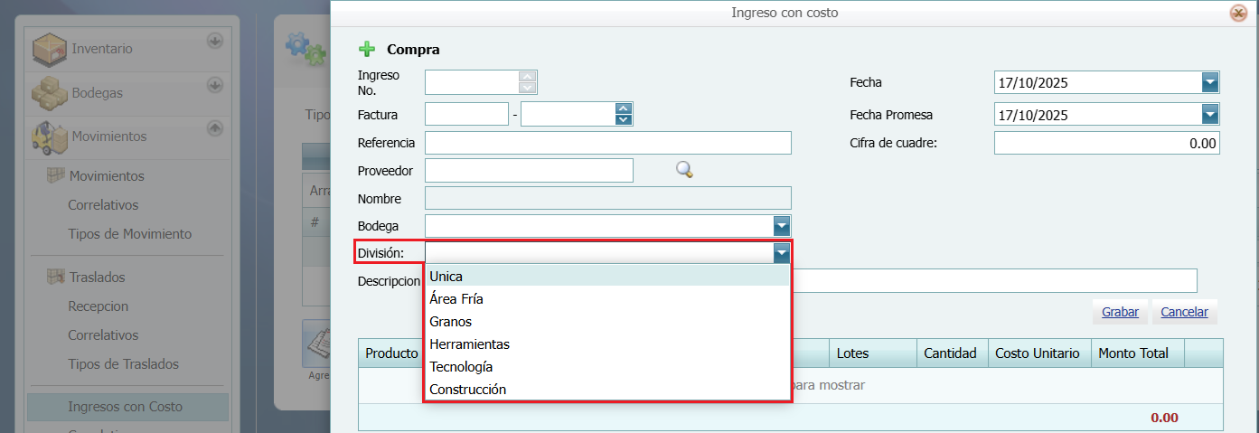 General Divisiones Ingreso con Costo